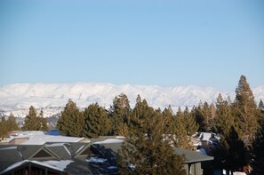 Snow covered White Mountains from balcony