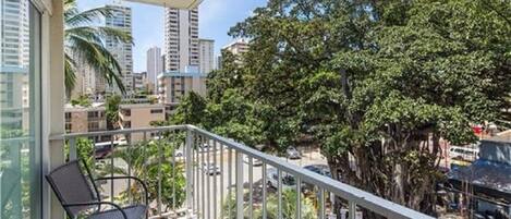 Private balcony with views of Waikiki, and the International Marketplace!