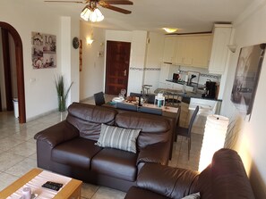 Modern living room with leather sofa, flat screen TV, internet wifi, stereo 