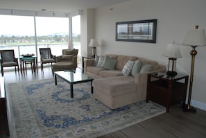 Living area overlooking Glorietta Bay, San Diego Bay and Downtown San Diego!