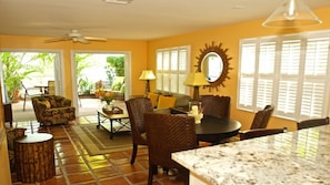 Open floor plan: view from the kitchen all the way to the back deck and gardens.