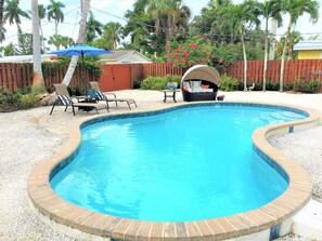 lagoon shaped pool/ heated.