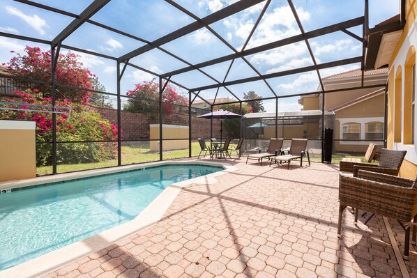 Private pool with room for morning coffee, outdoor dining & relaxing in the sun.