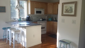 Kitchen with toaster oven, Kurig, Food Processor, Blender and more.