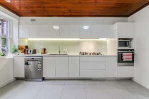 Kitchen with fridge,oven,gas top,dishwashing,microwave
