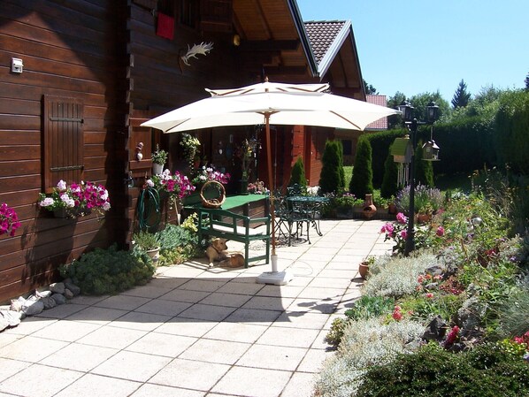 The front of our chalet in summer