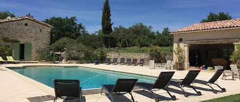 Pool views on a sunny day at Mas des Gardies