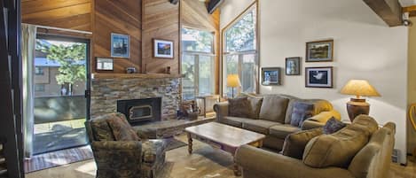 Comfortable living room, with wood burning fireplace