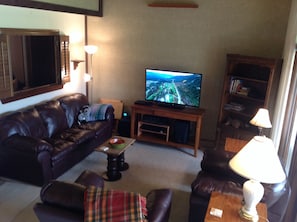 Living room with comfortable furniture and  new 48 inch TV.