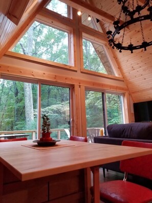 Room with a view!  The double glass doors and large custom windows allows the nature (and light) in.  