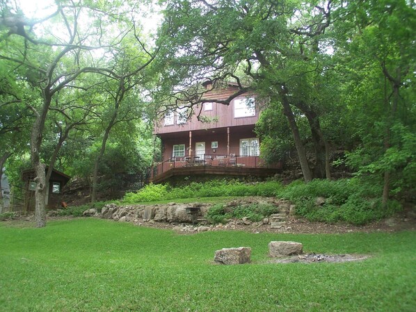 Gruene River Home and Cottage - View of Balconies, Decks, and Kayaks/Tubes Shed.