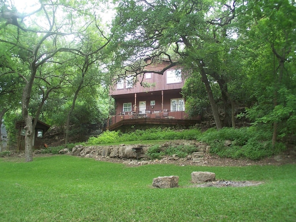 Gruene River Home and Cottage - View of Balconies, Decks, and Kayaks/Tubes Shed.