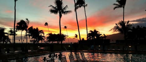 A spectacular sunset viewed from the pool