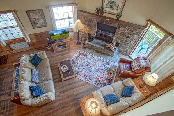 The view from the top floor looking down onto the living room.