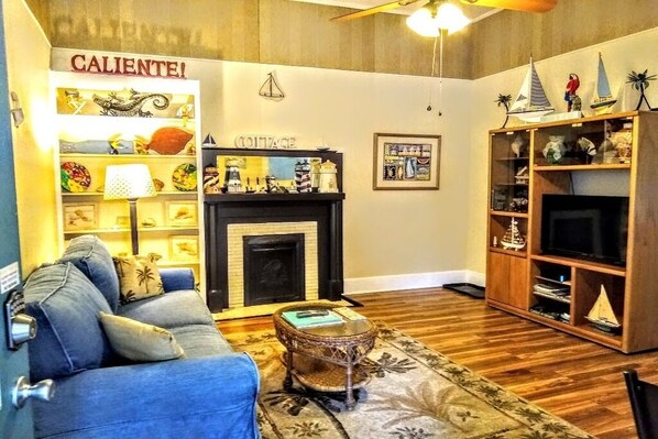 Walking into living room from porch. Pull out couch bed. Smart tv w/voice remote