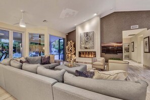 Great room with oversized bamboo fireplace.