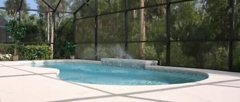 Pool & pool deck overlooking wooded conservation area.