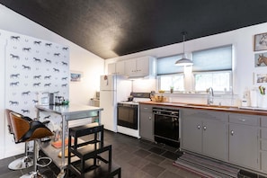 Gas stove, dishwasher, farmhouse sink, repurposed vintage cabinets. Well stocked