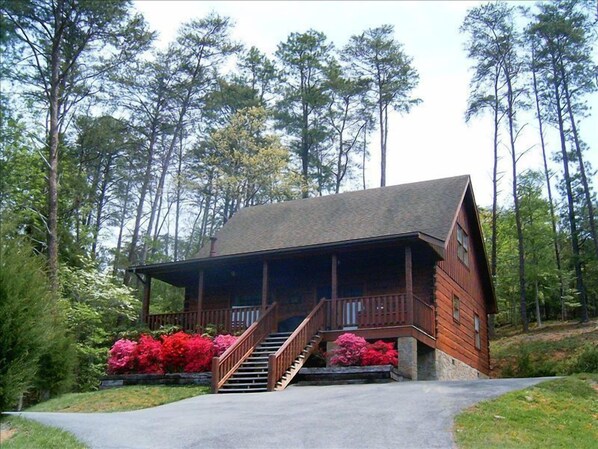 Front of Cabin.  Porch has Swing, 2 Rockers with cushions, Gas Grill and Hot-tub