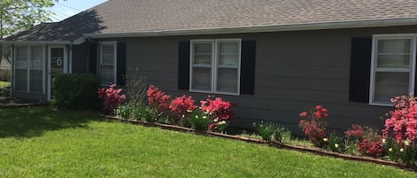 Front of the home in spring bloom. 