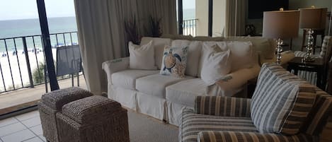 Queen slipcovered sofa sleeper and Gorgeous Oceanview. 