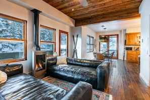 Starting on the Main level, you'll find a warm and inviting ambience. Gorgeous warm wooden plank ceilings set the tone while Pella windows open-up and fill the space with natural light while providing snowy Old Town views.