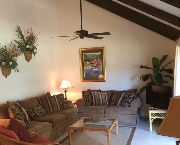 Living Room with Vault ceiling and Flat Screen TV!