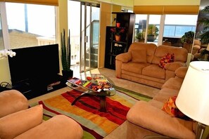 Cozy and relaxing living room with miles ofocean views from every window.