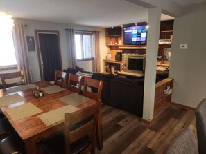 Living room with wood fireplace