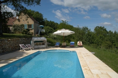 Traditional stone gite in rural setting with pool over-looking beautiful valley