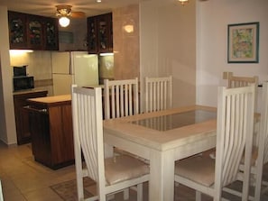 Dining area and kitchen area.