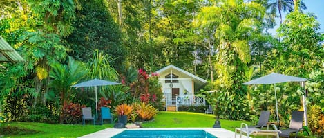 The White Cottage by the pool, surrounded with jungle and gardens. 