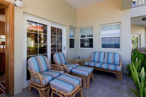 Comfortable patio furniture on ground floor patio.