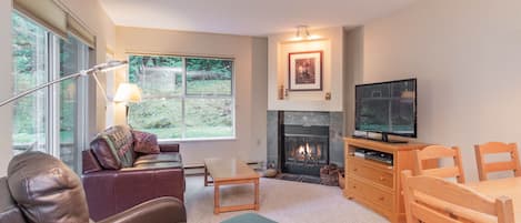 Living area with a gas fireplace, pull-out sofa and TV.