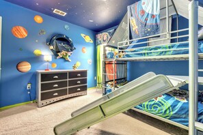 Upper level. Buzz Lightyear twin bunk bed & slide for kids to have extra fun. 