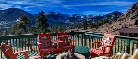 Main deck with "Million Dollar Views" of Long's Peak and Pocky Mountain National Park Peaks to the Continental Divide, Natural Gas Fire Pit 