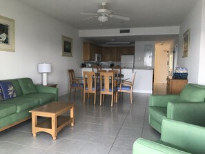 Spacious living room and dining room with open kitchen