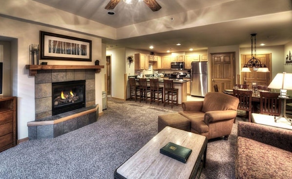 Main living area highlighting fireplace, large kitchen and large dining.