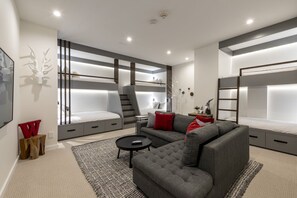 Second bedroom (media room): Twin over twin bunk bed, two twin over queen bunk beds (3 bunk beds total)