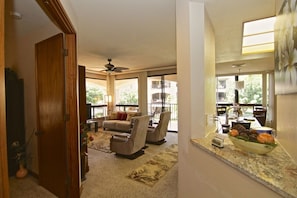 Entrance view, with kitchen on right, bedroom on left