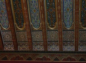 Restored 200 year old lounge ceiling. Cedar wood inlaid with precious metals