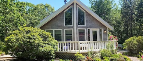 Front of house with sun-filled deck and parking area