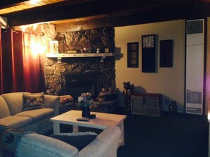 View of the living room, fireplace and heater