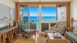 Poipu Makai #E2 - Oceanfront Living Room & Lanai - Parrish Kauai