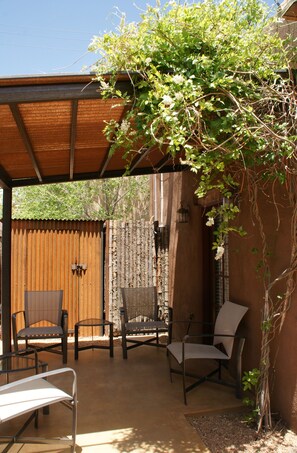 Rustic contemporary covered patio - cool 'n pleasant even on the hottest days.