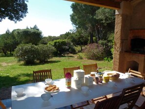 Le jardin vu de la terrasse couverte (barbecue intégré)
