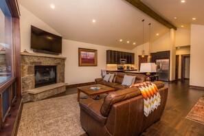 Living area with gas fireplace.