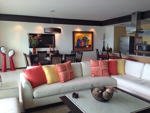 Cozy up on the sofa and relax with a good book, music, t.v. or a movie.