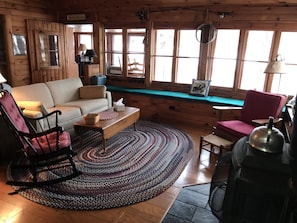 Living with full size pull out couch.
