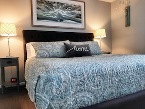 King bed with super comfortable memory foam mattress and clean linens.